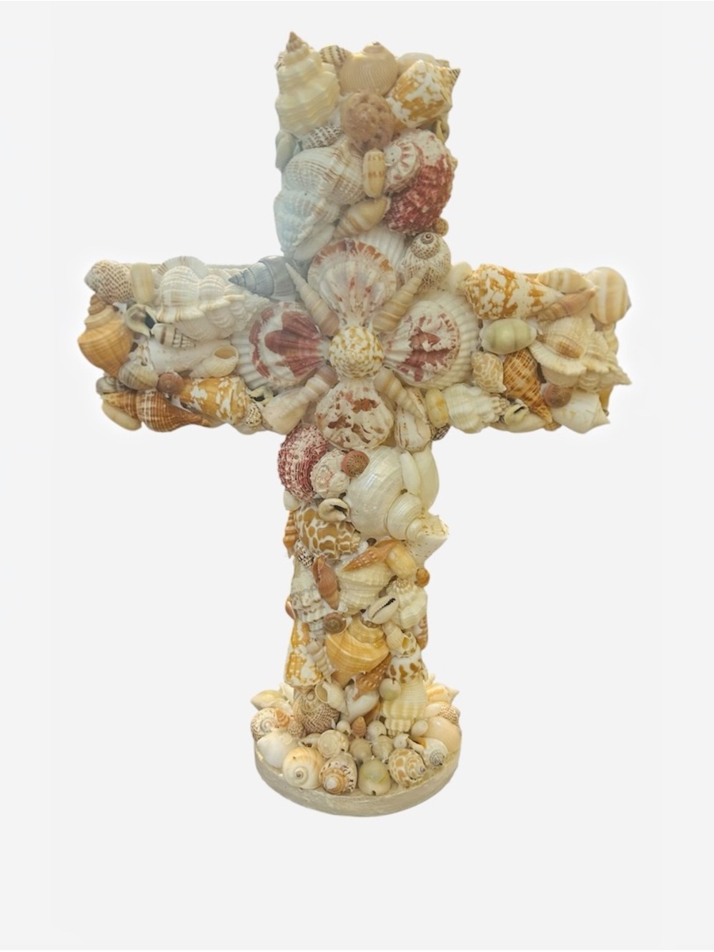 handmade Coastal Folk Art  painted wood standing seashell cross